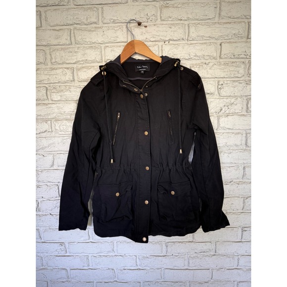 Eden Society Holly Black Utility Cargo Jacket Drawstring Waist Hooded Zip Snap M - Picture 1 of 9